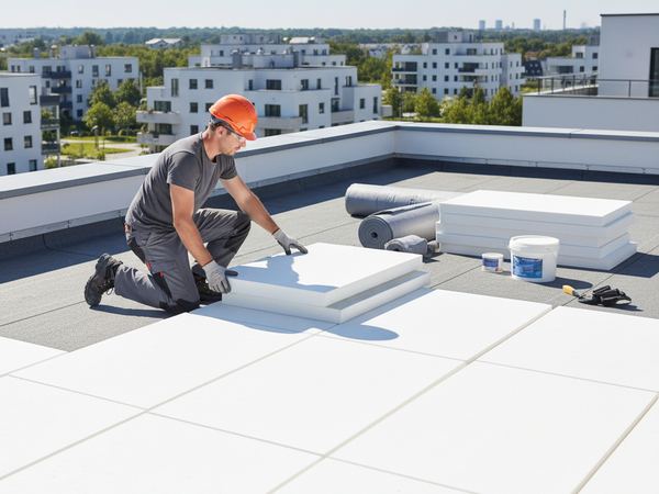 Arbeiter verlegt Dämmung auf einem Flachdach